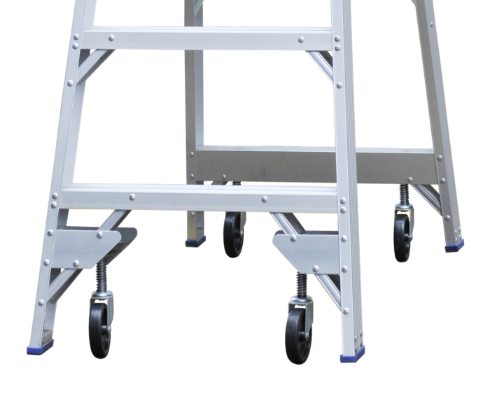 Close-up of Indalex platform ladder castors, product code PROPWK, fitted to a aluminium platform