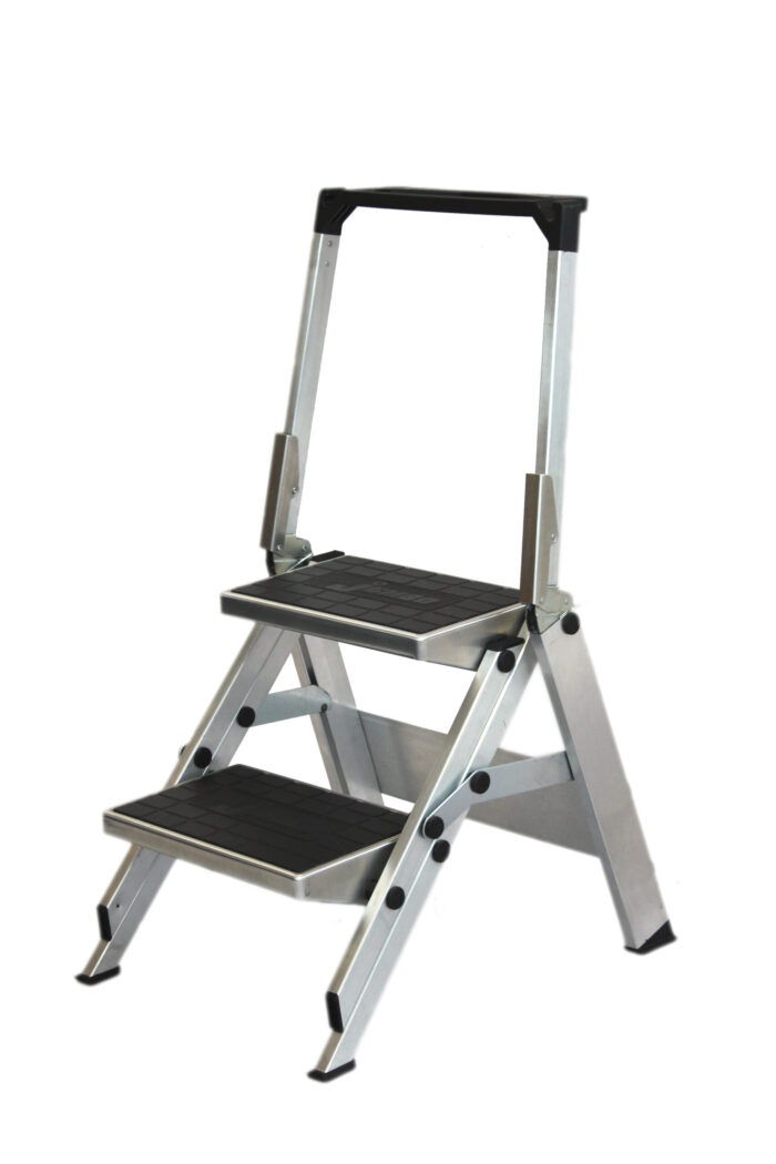 Little Jumbo 210B Safety Steps. Two steps with handrail. Open position.