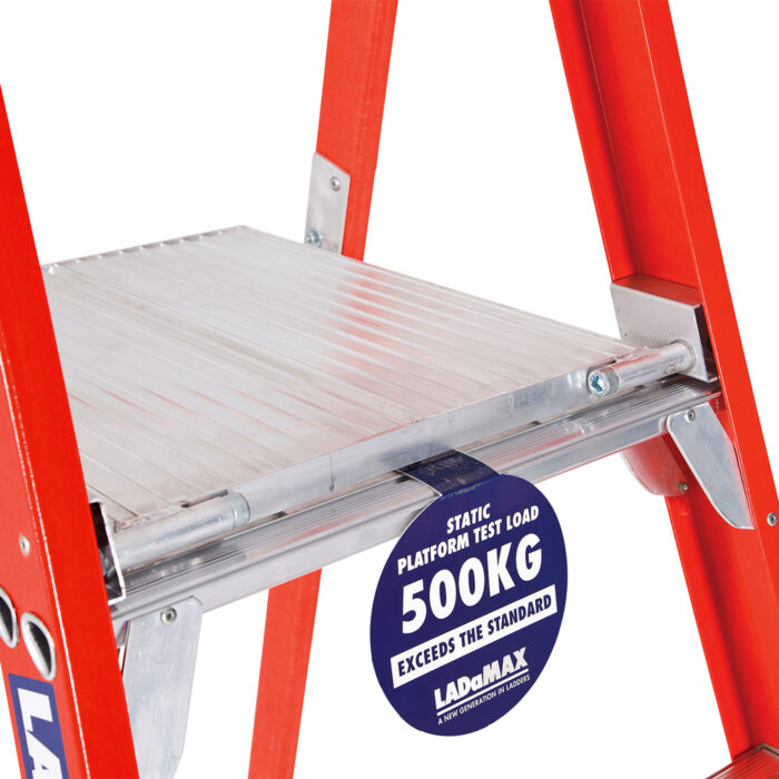 LADaMAX Fibreglass Platform Ladder close up of platform and safety label