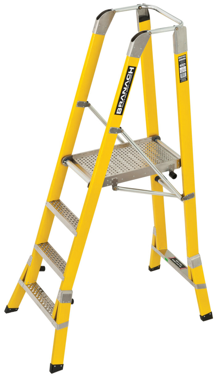 BRANACH Fibreglass WorkMaster 450mm Safety Platform Ladder, 4 Step, 1.2m Platform Height, FPL1.2, open position