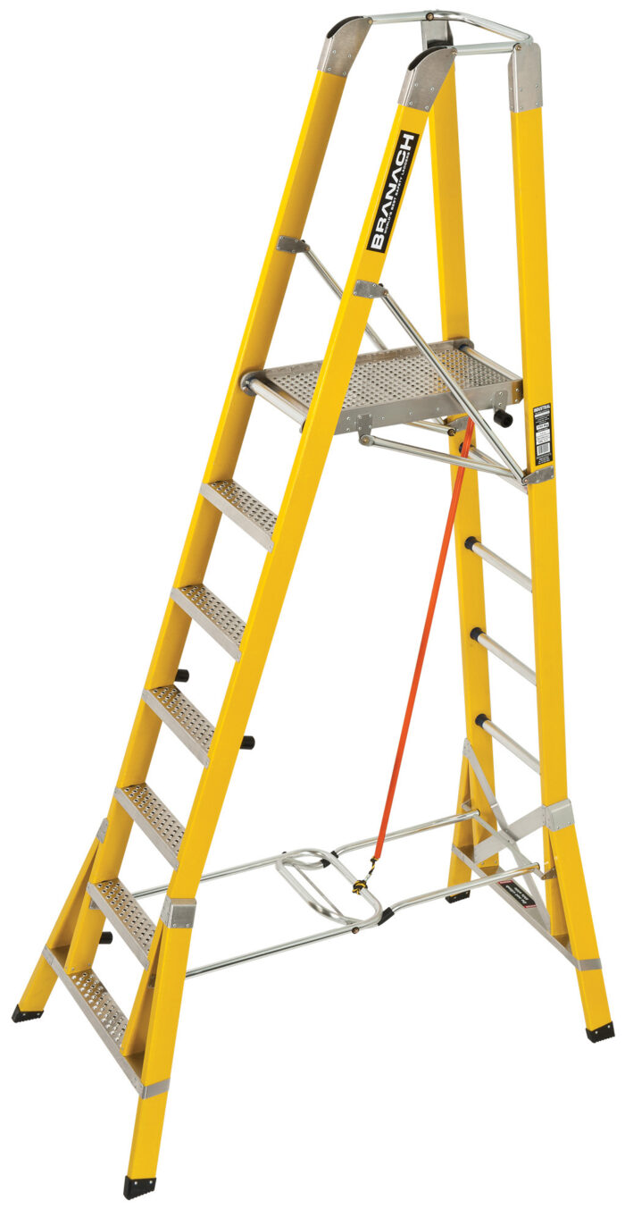 BRANACH Fibreglass WorkMaster 450mm Safety Platform Ladder, 7 Step 2.1m Platform Height, FPL2.1, open position