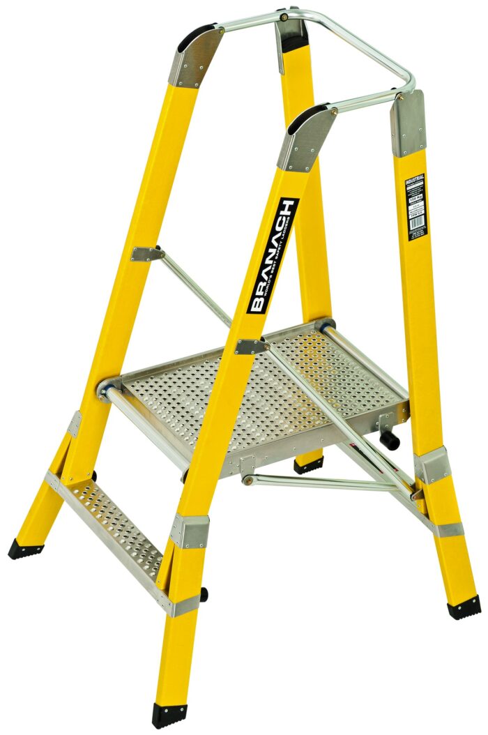 BRANACH Fibreglass WorkMaster 550mm Safety Platform Ladder, 2 Step, 0.6m Platform Height, FPW0.6, open position