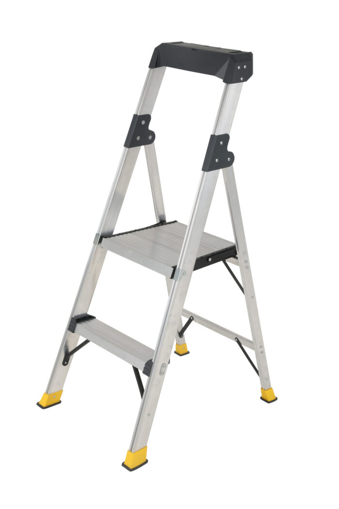 Bailey Retail & Office Slimline Platform Ladder 2 Steps, 0.57m black handrail, yellow feet FS13868, open side view