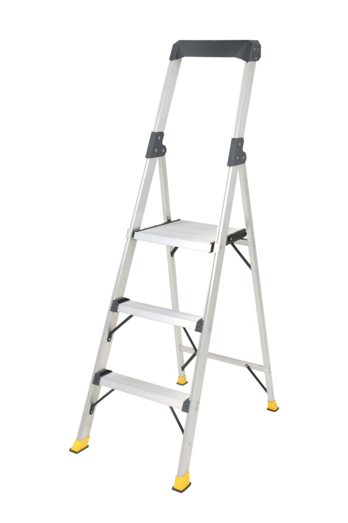 Bailey Retail & Office Slimline Platform Ladder 3 Steps, 0.85m platform height, back handrail, yellow feet, FS13869, open view