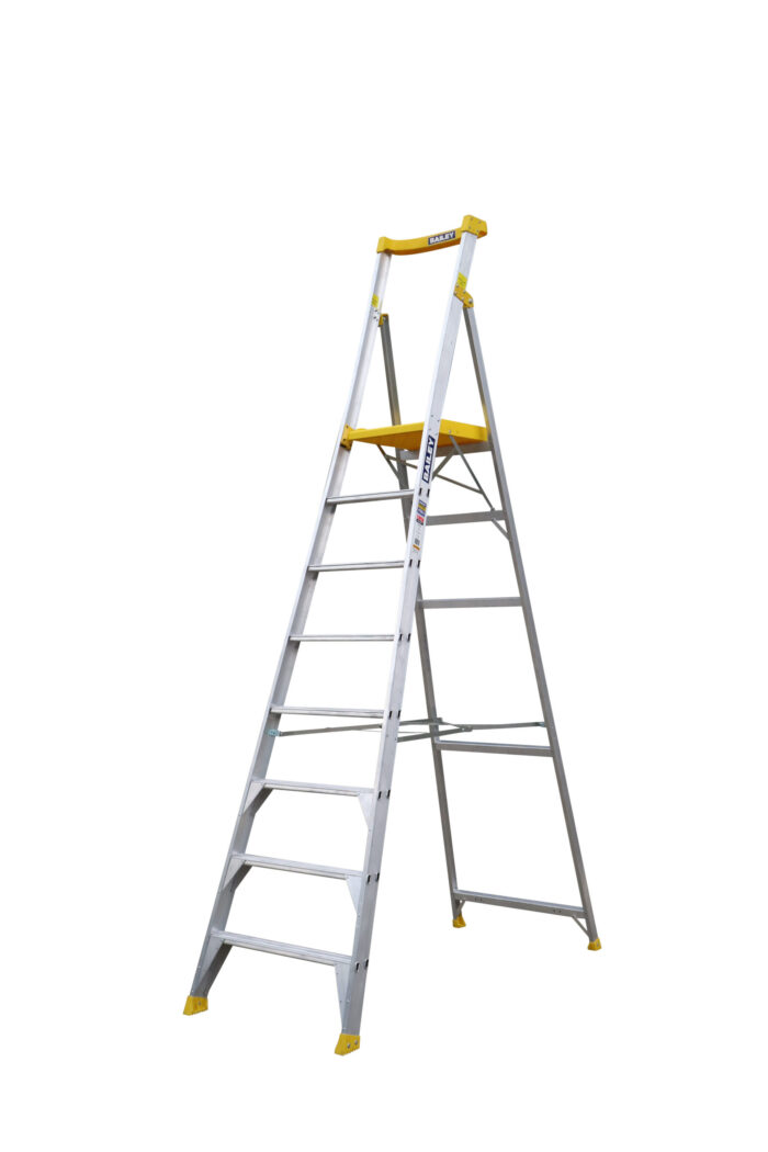 Bailey Pro Punchlock Aluminium Platform Ladder 8 Steps 170KG load rating, 2.78m Platform Height, FS13937, right hand side open view