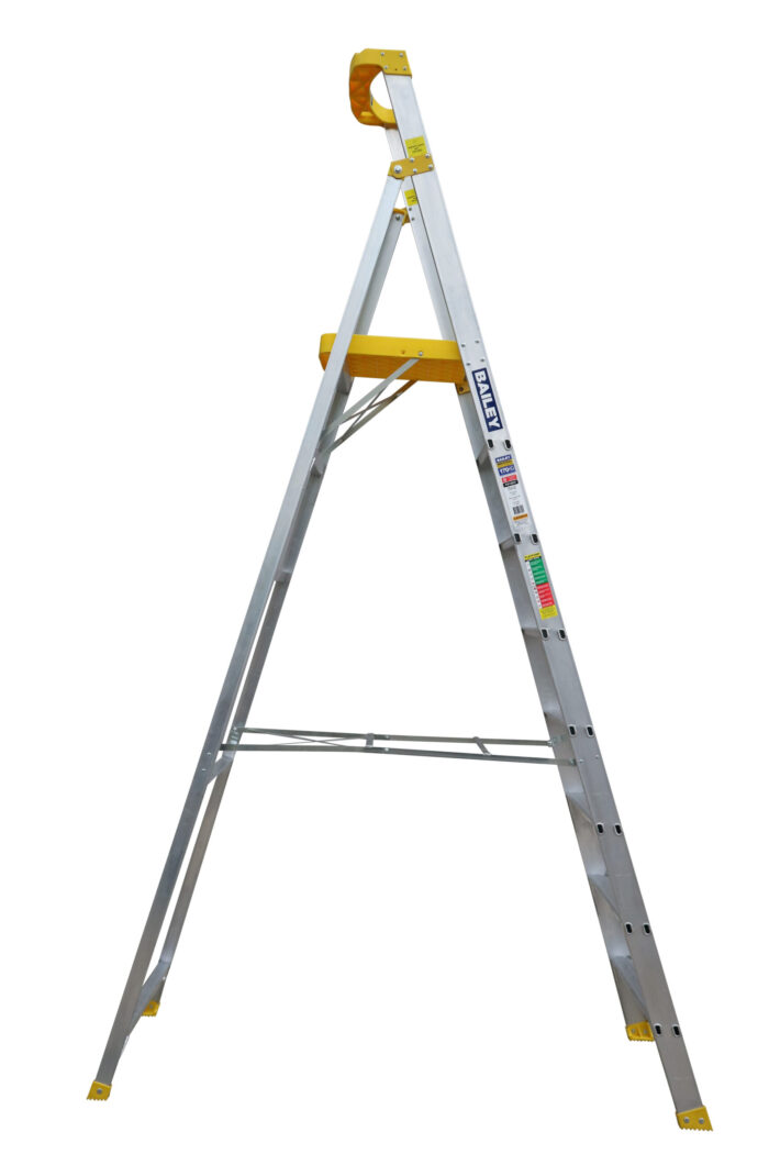 Bailey Pro Punchlock Aluminium Platform Ladder 8 Steps 170KG load rating, 2.78m Platform Height, FS13937, side open view