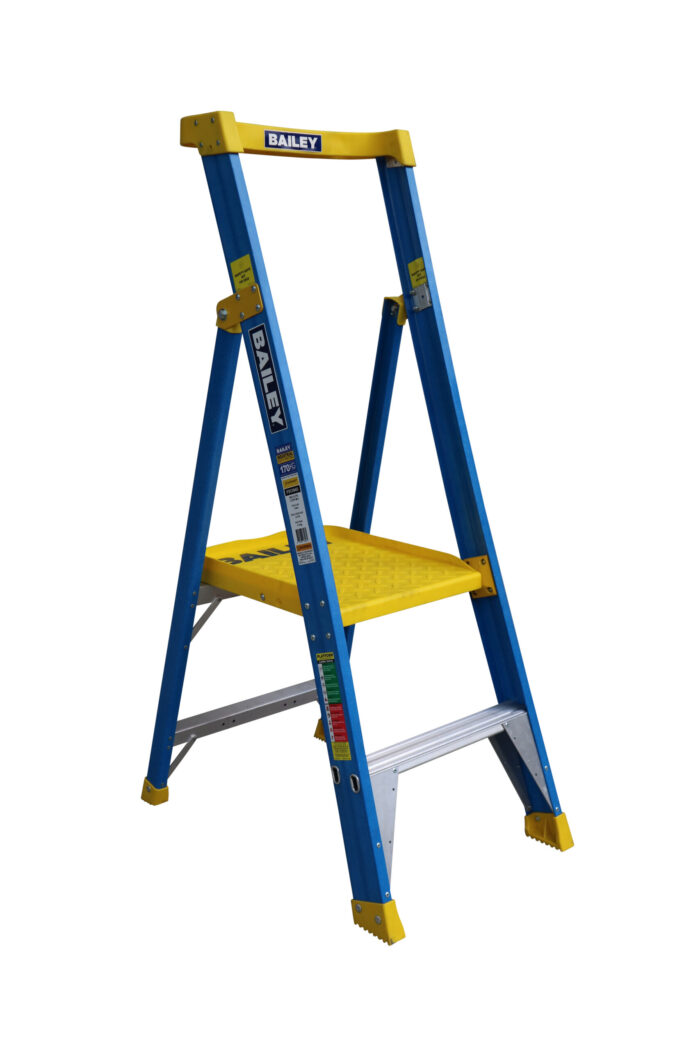 Bailey Pro Punchlock Fibreglass Platform Ladder 2 Steps 170KG, 0.57m Platform Height, FS13945, side open view