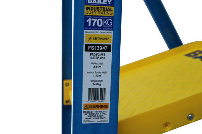 FS13947 Bailey labeland yellow platform close up, Pro Punchlock Fibreglass Platform Ladder, 170KG load rating, 1.13m Platform Height