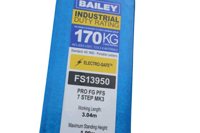 FS13950 Bailey label close up, Pro Punchlock Fibreglass Platform Ladder, 170KG load rating, 1.99m Platform Height