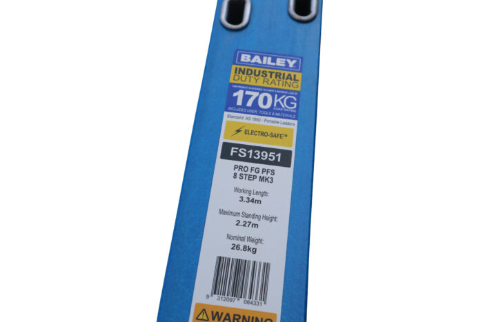 FS13951 Bailey label close up, Pro Punchlock Fibreglass Platform Ladder, 170KG load rating, 2.78m Platform Height