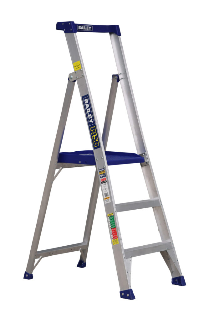 Bailey P150 Aluminium Platform Ladder 3 Steps, 0.87m Platform Height, blue rail and platform, side open view