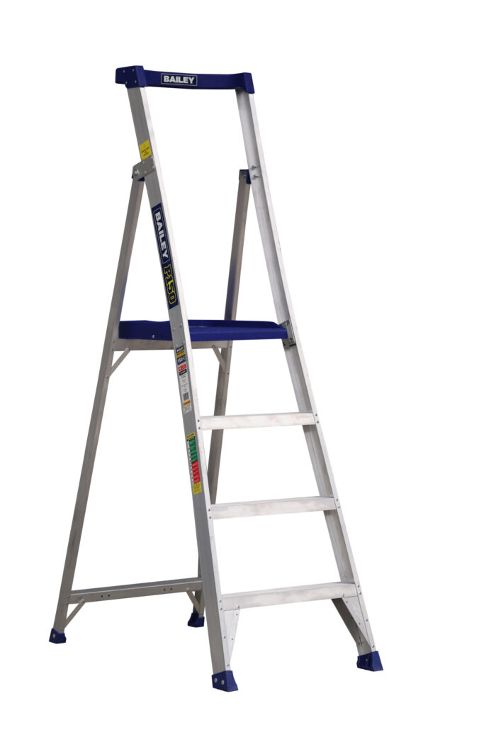 Bailey P150 Aluminium Platform Ladder 4 Steps, 1.16m Platform Height, blue rail and platform, side open view