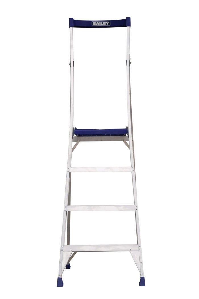 Bailey P150 Aluminium Platform Ladder 4 Steps, 1.16m Platform Height, blue rail and platform, front open view