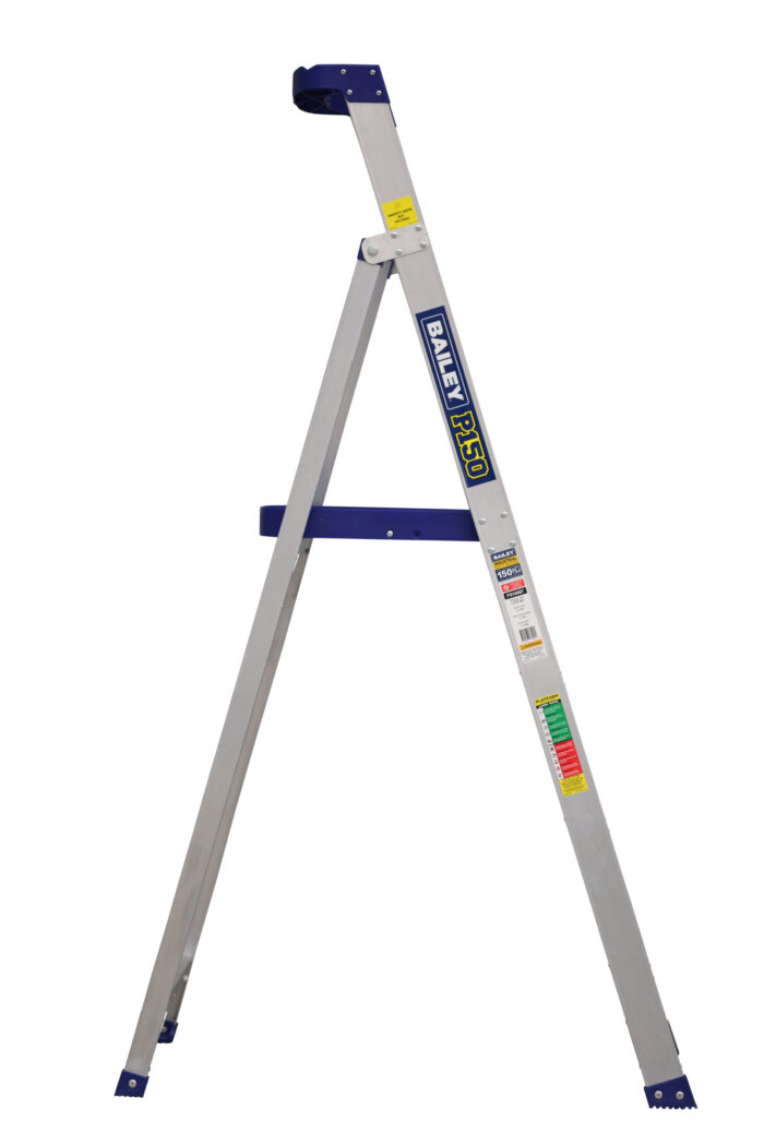 Bailey P150 Aluminium Platform Ladder 4 Steps, 1.16m Platform Height, blue rail and platform, side open view