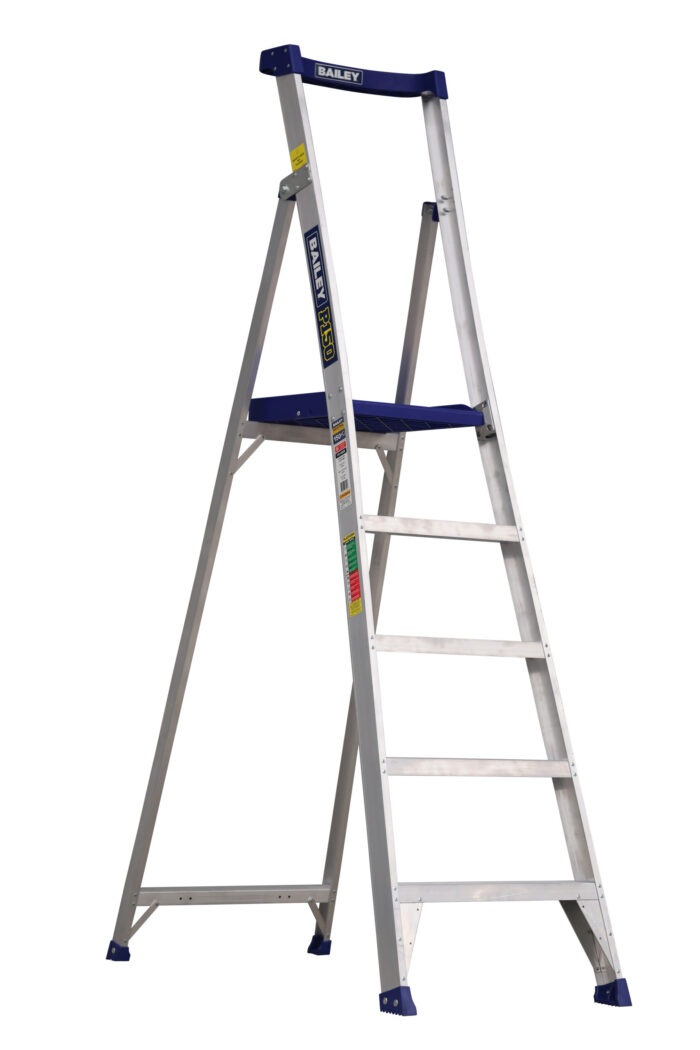 Bailey P150 Aluminium Platform Ladder 5 Steps, 1.45m Platform Height, blue rail and platform, front open side view