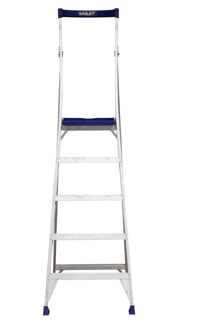 Bailey P150 Aluminium Platform Ladder 5 Steps, 1.45m Platform Height, blue rail and platform, front open view
