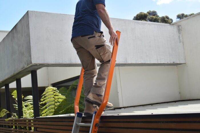 Little Jumbo Ladders Walk Thru Hand rail. Accessing roof safely from Extension Ladder