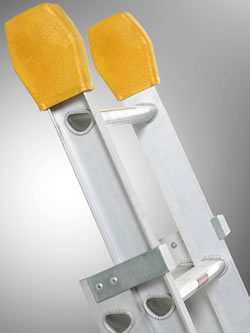 Ladder with Gorilla Bumpers to protect marks on wall while using ladder