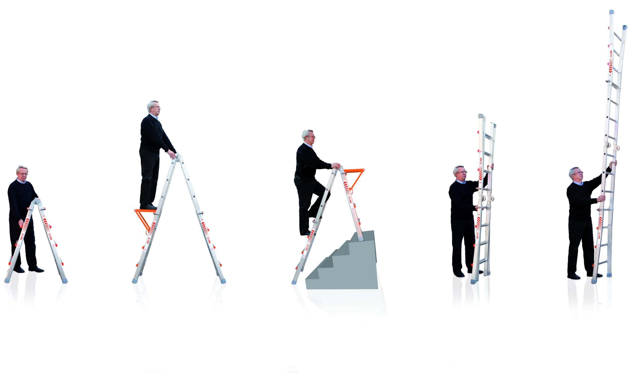 Waku Ladder in 5 positions demonstrated by a man, A frame, On stairs, extended
