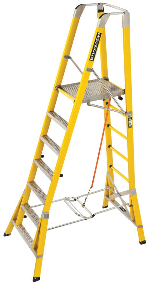 Branach Fibreglass Corrosion Master 550mm Step Platform Ladder 7 Step, 2.1m Platform Height, FPS2.1, open view
