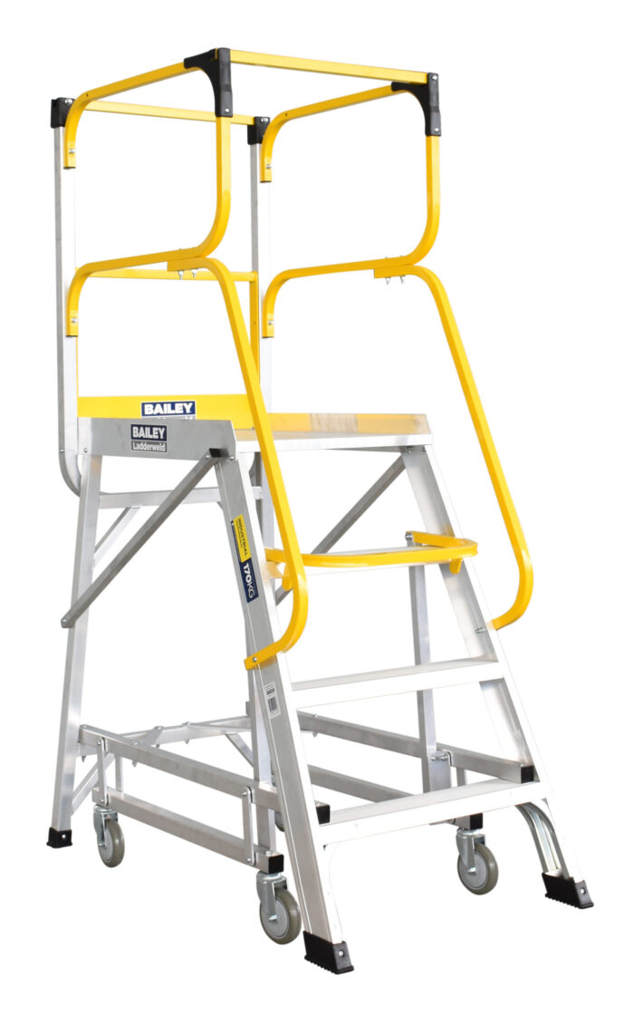 FS13592 Bailey LADDERWELD Access Platform 4 Step Order Picking Ladder 200kg 1.104m platform height, wheels up , yellow lever locked position