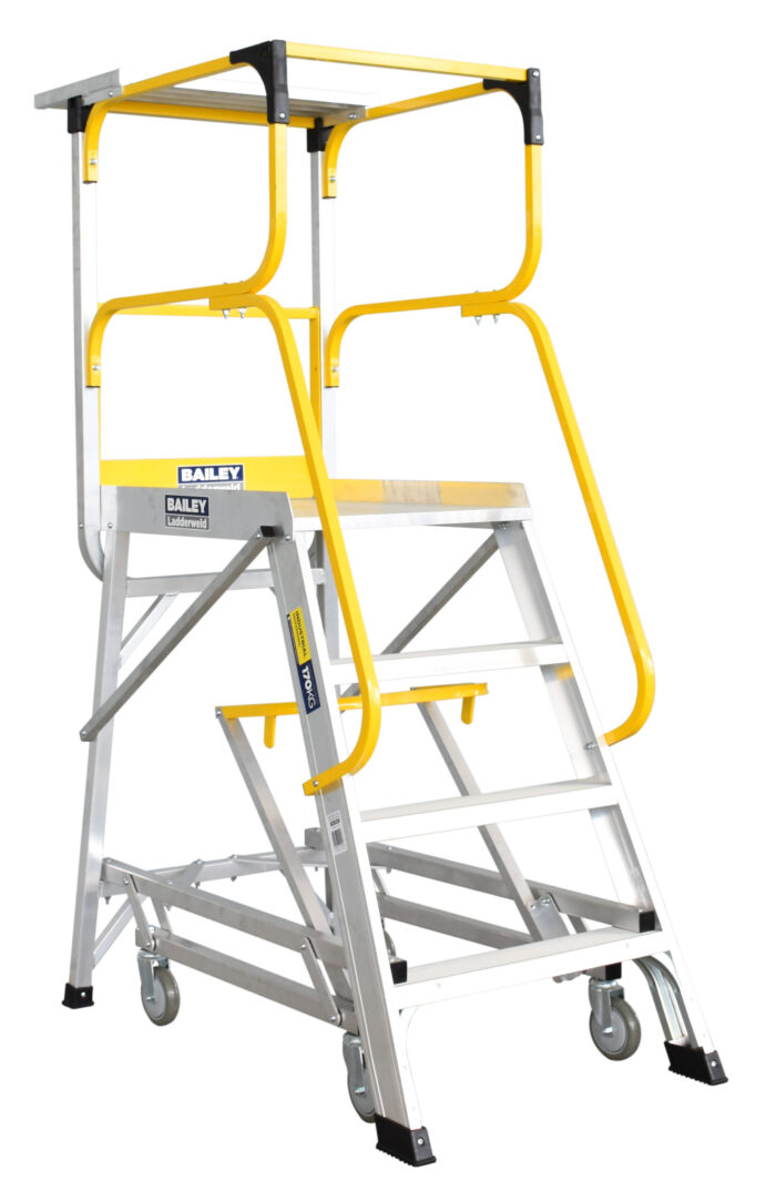 FS13592 Bailey LADDERWELD Access Platform 4 Step Order Picking Ladder 200kg 1.104m platform height, with shelf, yellow lever unlocked position
