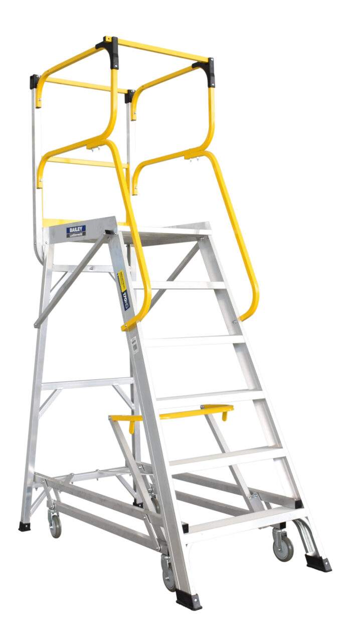 FS13594 Bailey LADDERWELD Access Platform 6 step Order Picking Ladder 200kg load rating, 1.6m platform height, wheels down, yellow lever in unlocked position, front and side view
