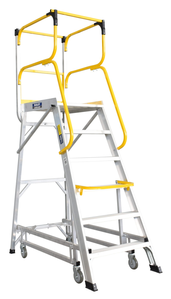 FS13594 Bailey LADDERWELD Access Platform 6 step Order Picking Ladder 200kg load rating, 1.6m platform height, wheels down, yellow lever in locked position, wheels up front and side view