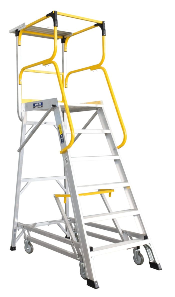 FS13594 Bailey LADDERWELD Access Platform 6 step Order Picking Ladder 200kg load rating, 1.6m platform height, wheels down, yellow lever in unlocked position, with shelf, front and side view