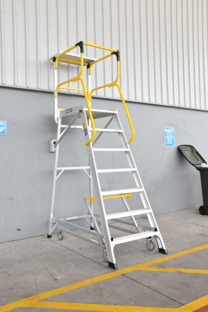 Bailey LADDERWELD Access Platform 7 step Order Picking Ladder 200kg load rating, 1.9m platform height, with shelf against a grey wall