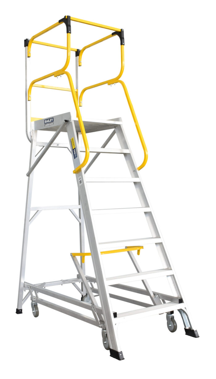 FS13595 Bailey LADDERWELD Access Platform 7 step Order Picking Ladder 200kg load rating, 1.9m platform height, wheels down, yellow lever in unlocked position, front and side view