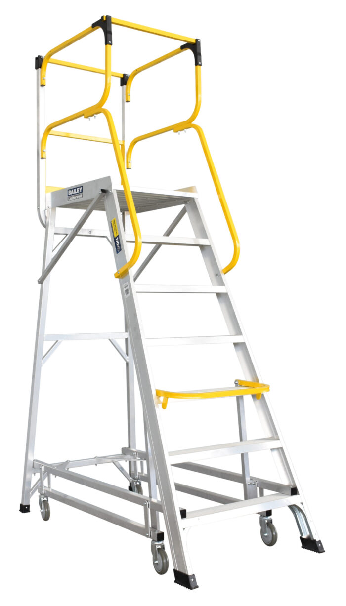 FS13595 Bailey LADDERWELD Access Platform 7 step Order Picking Ladder 200kg load rating, 1.9m platform height, yellow lever in locked position, front and side view