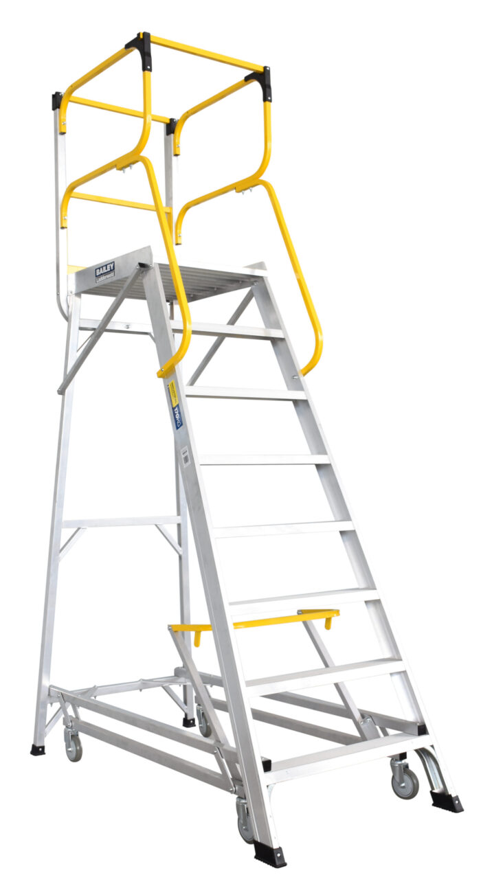 Bailey LADDERWELD Access Platform 8 step Order Picking Ladder 200kg load rating, 2.2m platform height, wheels down, yellow lever in unlocked position