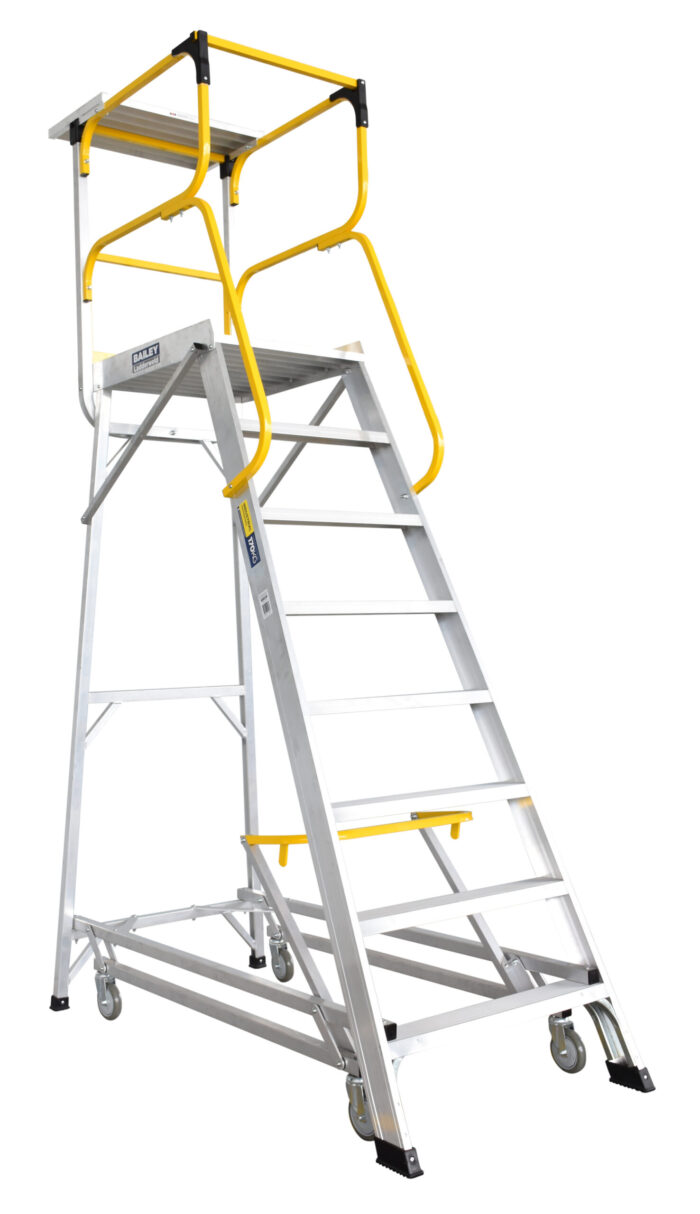 Bailey LADDERWELD Access Platform 8 step Order Picking Ladder 200kg load rating, 2.2m platform height, with shelf attached