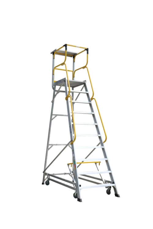 Bailey LADDERWELD Access Platform 10 step, Order Picking Ladder 200kg load rating, 2.8m platform height, front view , with tool tray attached