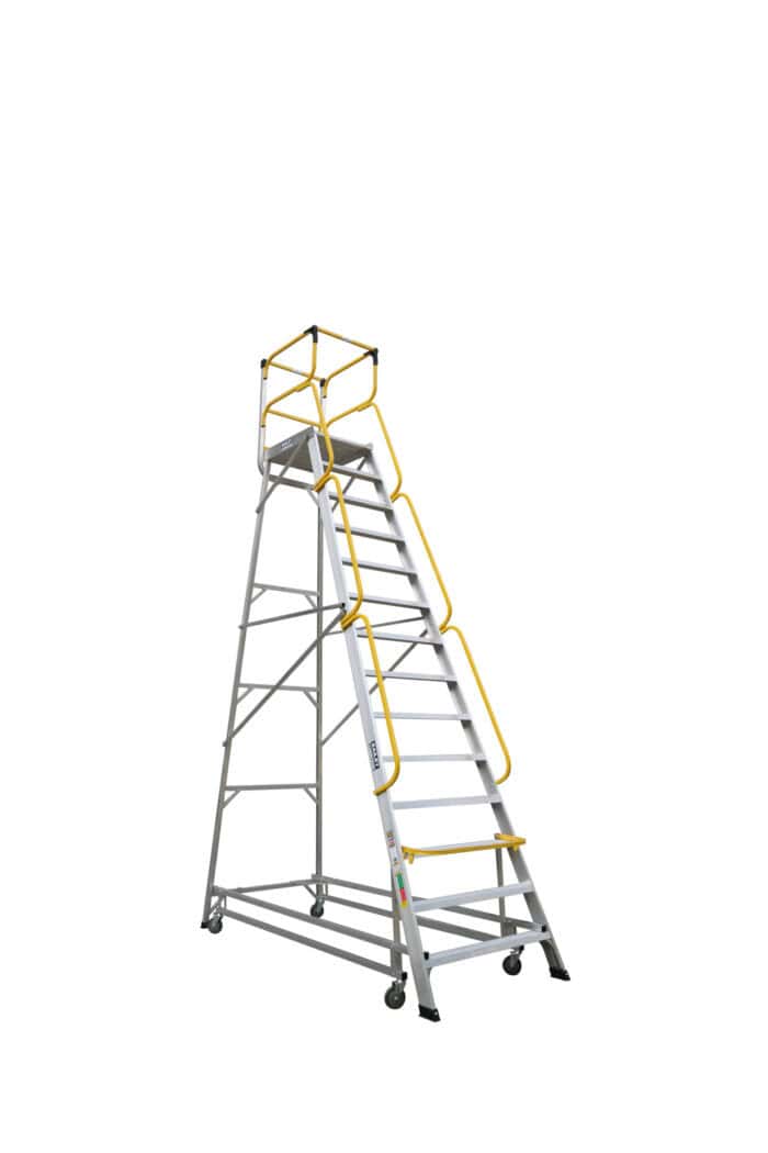 FS13598 Bailey LADDERWELD Access Platform 14 step, Order Picking Ladder 200kg load rating, 3.8m platform height, side and view