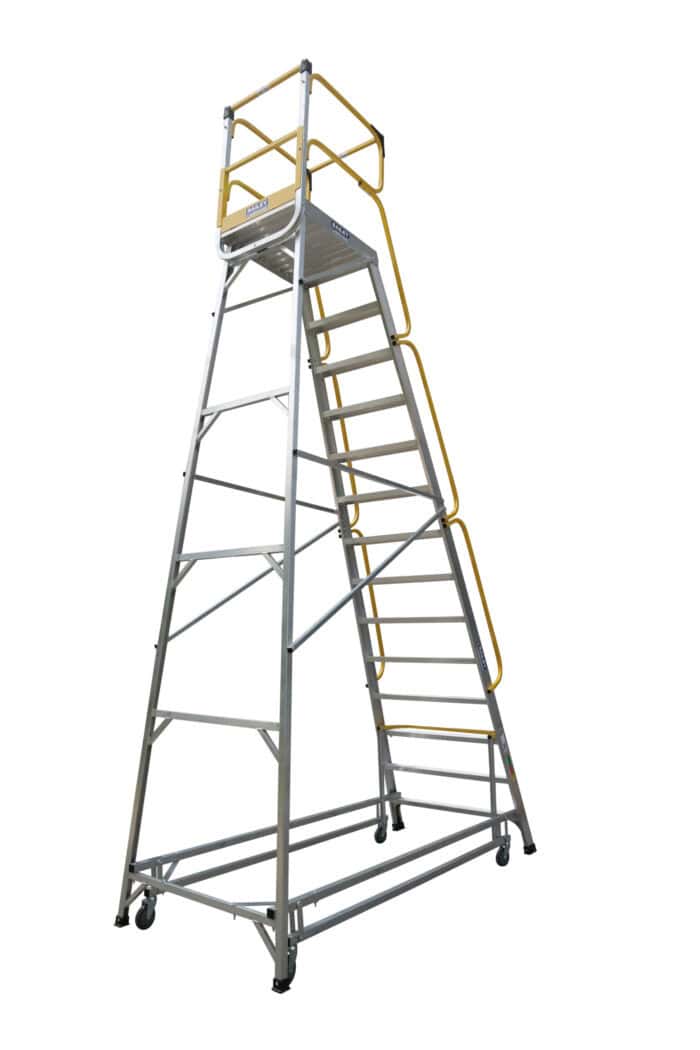 Bailey LADDERWELD Access Platform 14 Order Picking Ladder 200kg load rating, 3.8m platform height, side and back view