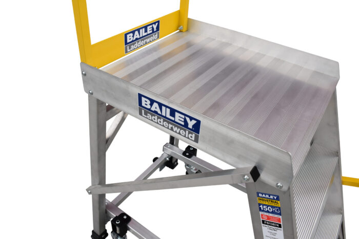 Bailey Aluminium Order Picking Platform Ladder close up view of platform and steps