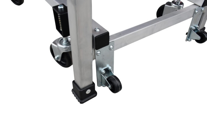 Bailey Aluminium Order Picking Platform LadderTilt Foot, spring loaded castors, close up view.