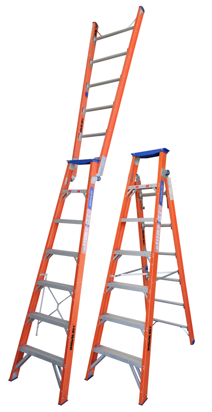 Indalex Pro Series Fibreglass Dual Purpose Ladder in closed and extended straight position