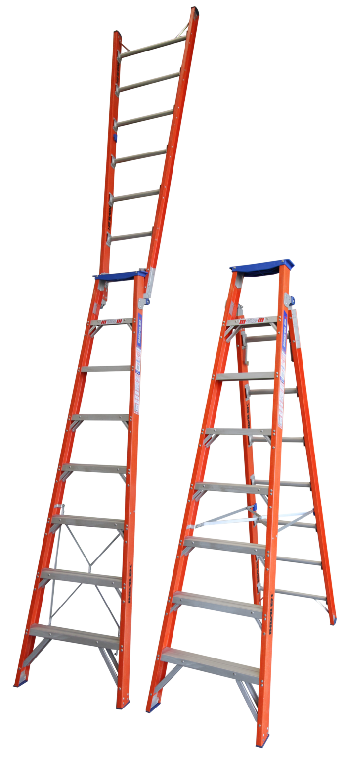 Indalex Pro Series Fibreglass Dual Purpose Ladder 8ft - 14ft 2.4m - 4.4m PRODPF8 In closed and Extended position