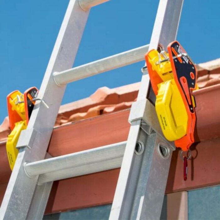 Lock Jaw Ladder Grip securing a ladder to a gutter