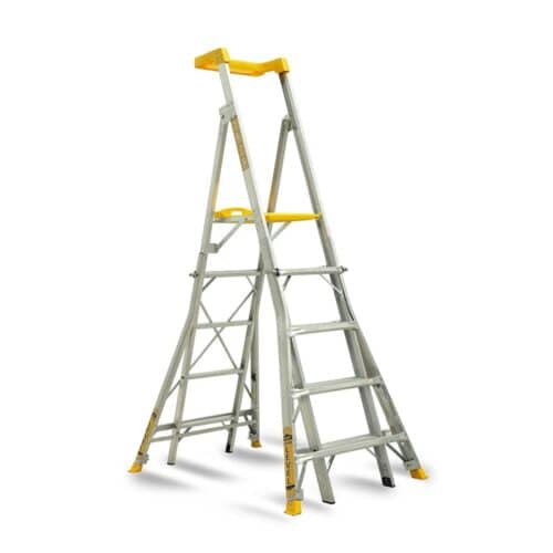 GORILLA RPL0508-LVL adjustable aluminium platform ladder with Quad Levellers, 150kg rated.
